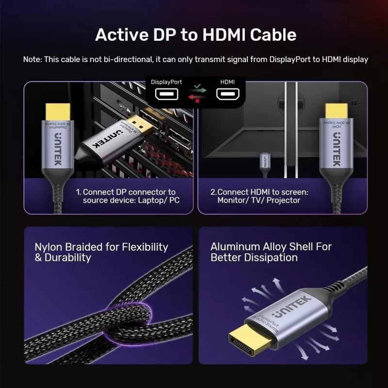 UNITEK CAVO DISPLAYPORT 1.4 A HDMI 2.1, 8K, 1,8 M