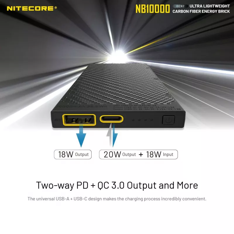 Powerbank portatile Nitecore NB10000 — 10000 mAh, USB‑A + USB‑C, uscita totale 38 W, grigio