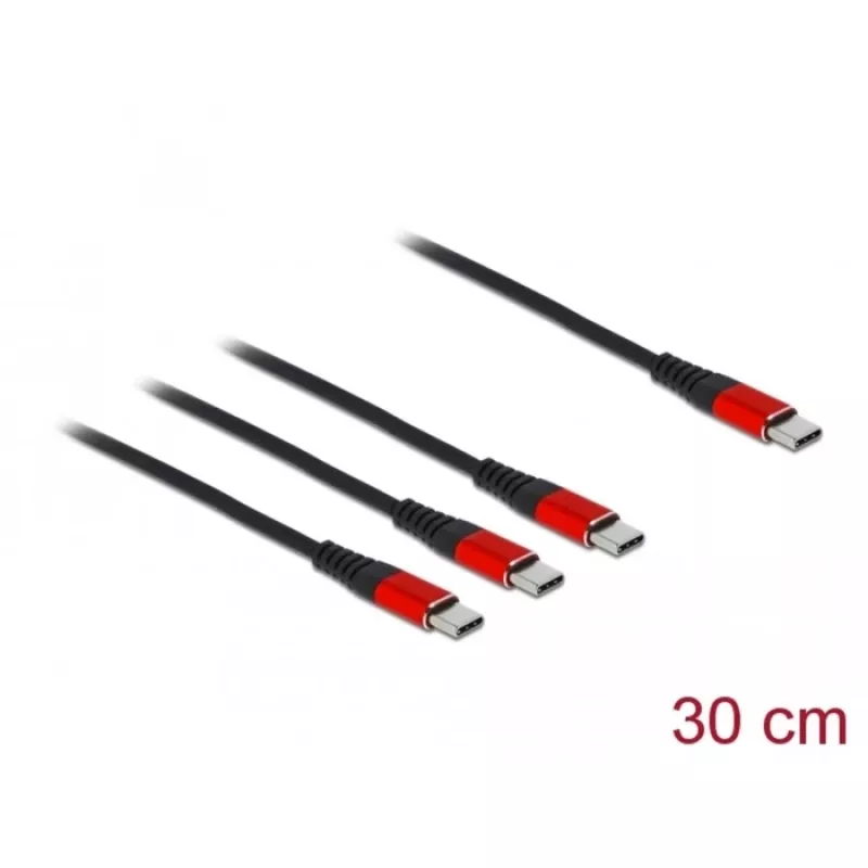 Cavo di ricarica USB DeLOCK 3-in-1 USB Type-C su 3 x USB Type-C 30 cm nero/rosso