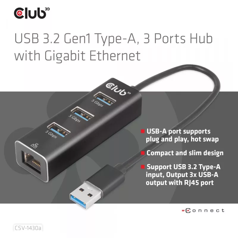 Hub USB CLUB3D USB 3.2 Gen1 Type-A con 3 porte e Gigabit Ethernet