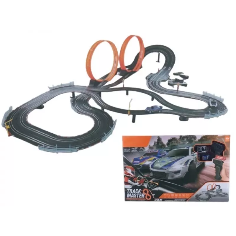 Pista automobilistica meccanica giocattolo Madej con due looping — 011406, set con auto a molla e a spinta per bambini