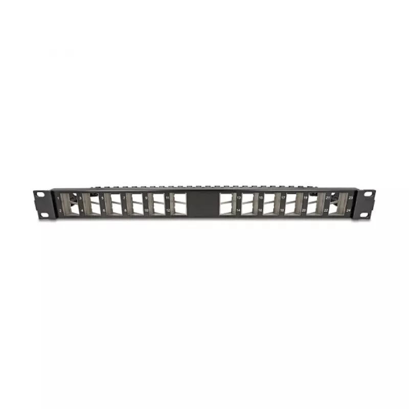 Patch panel Keystone DeLOCK 19 inch 24 porte angolato con scarico di trazione, 1U, nero, 482,6×125,5×44,2 mm