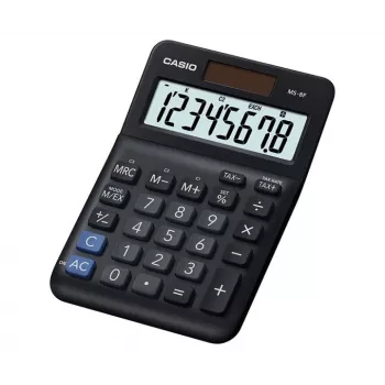 Calcolatrice da tavolo CASIO MS-8F – 8 cifre, batteria/solare, 26 tasti, funzioni valuta e tasse, calcolo profitto, nera