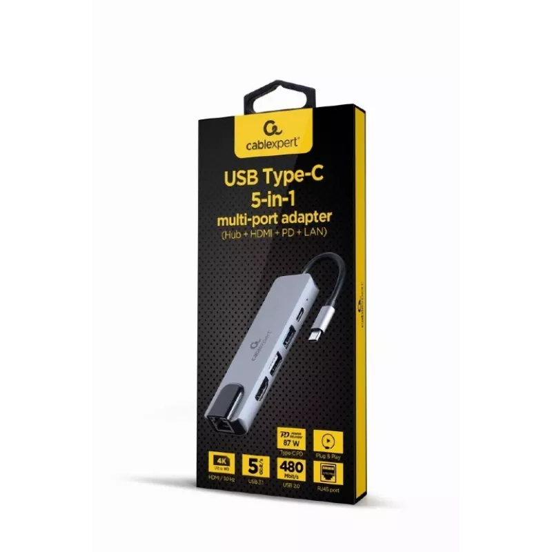 Dock per laptop Gembird A-CM-COMBO5-04 — USB 3.2 Gen 1 Type-C, 5 Gbit/s, PD 87 W, HDMI, Ethernet, USB-A