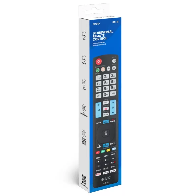 Telecomando a infrarossi SAVIO RC-11 per TV LG, nero, portata 10 m, supporta 1 dispositivo