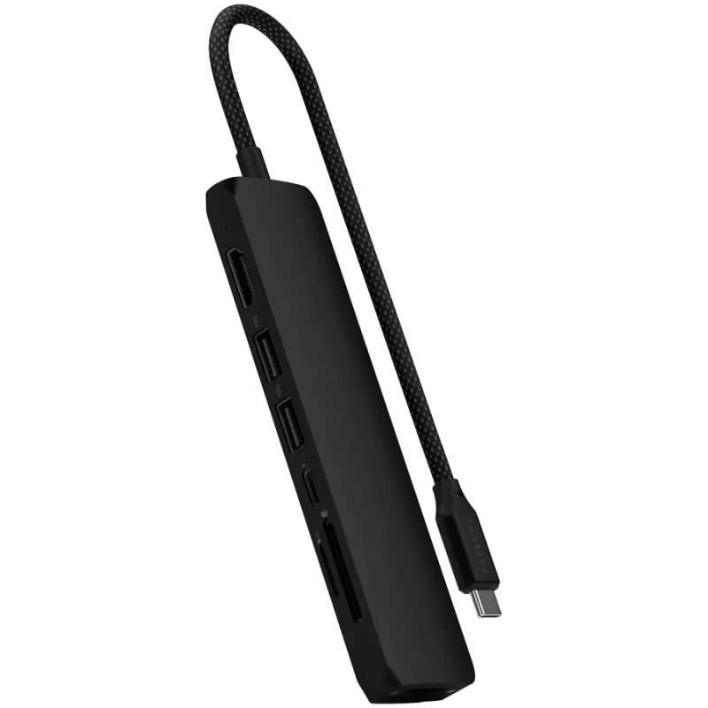 Adattatore multiporta slim 7-in-1 USB-C Satechi Ethernet (USB-C PD, 2x USB-A, HDMI 4K, Ethernet, lettore schede micro/SD) (nero)