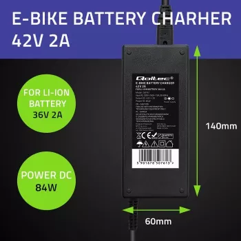 Qoltec 50761 caricabatterie per batterie e-bike 36V | 42V | 2A | 5,5*2,5