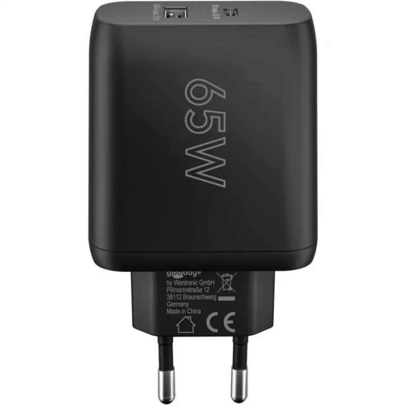 Caricabatterie dual-fast USB-C, PD, GaN, 65 Watt (nero, 1x USB-C, 1x USB-A, Power Delivery)