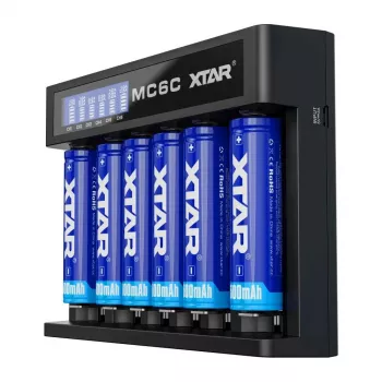 Caricabatterie XTAR MC6C caricabatterie intelligente multi-slot per celle Li-Ion cilindriche, 6 slot, supporta 18650/21700/AA, ingresso 5V, nero