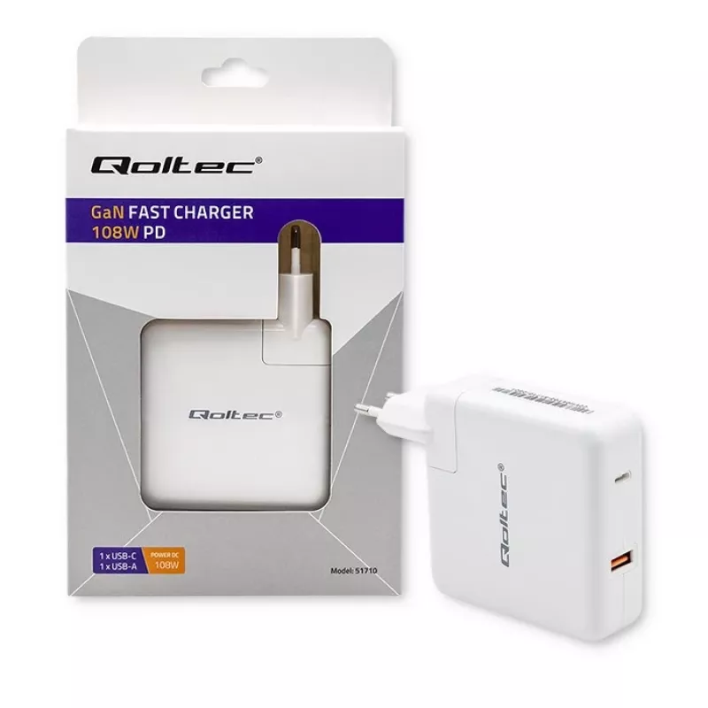Qoltec caricabatterie GaN FAST 108W | 5-20V | 3-4.7A | USB C | bianco