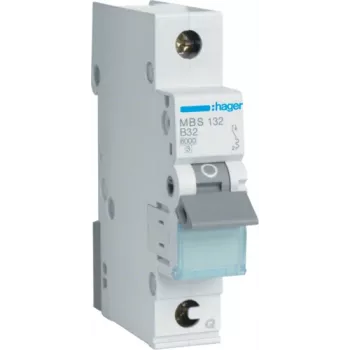 Hager MBS132. Corrente nominale: 32 A, frequenza di rete: 50/60. Tipo: curva B, numero moduli (max): 1 modulo. Larghezza: 17,5 mm, profondità: 70 mm, altezza: 83,4 mm (MBS132)