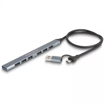 DELOCK hub USB slim 4 porte — host USB 3.2 Gen 1 Type-C, 3× USB 5 Gbit/s Type-C + 1× USB 5 Gbit/s Type-A, grigio, metallo