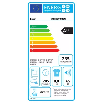 Asciugatrice a pompa di calore Bosch | WTH85V0MSN | classe di efficienza energetica E | carica frontale | 8 kg | LED | profondità 61 cm | bianco
