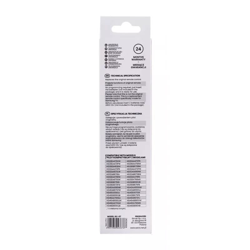 Telecomando SAVIO RC-07 per TV Samsung, IR wireless, nero, a pulsanti
