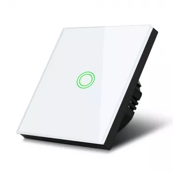 Interruttore luce touch MACLEAN MCE702W — tasto singolo rotondo in vetro, con filo, 110–240 V, 2 A, 1000 W, bianco