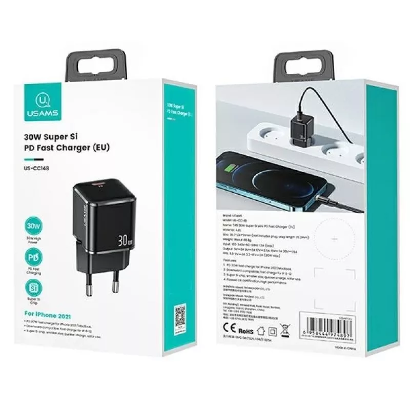 Caricabatterie da parete usams T45 30W USB‑C PD3.0 per smartphone e tablet