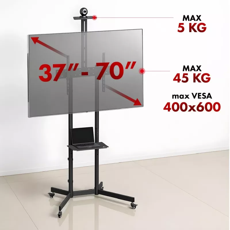 Supporto / carrello TV Maclean, ripiano per camera, su ruote, 37-70, carico max 45 kg / ripiano 5 kg, VESA max 600x400, MC-113 B