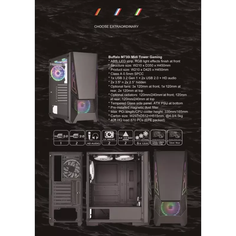 Case | GOLDEN TIGER | formati scheda madre supportati ATX/micro ATX | nero | Midi Tower | Buffalo M730i | BUFFALOM730I