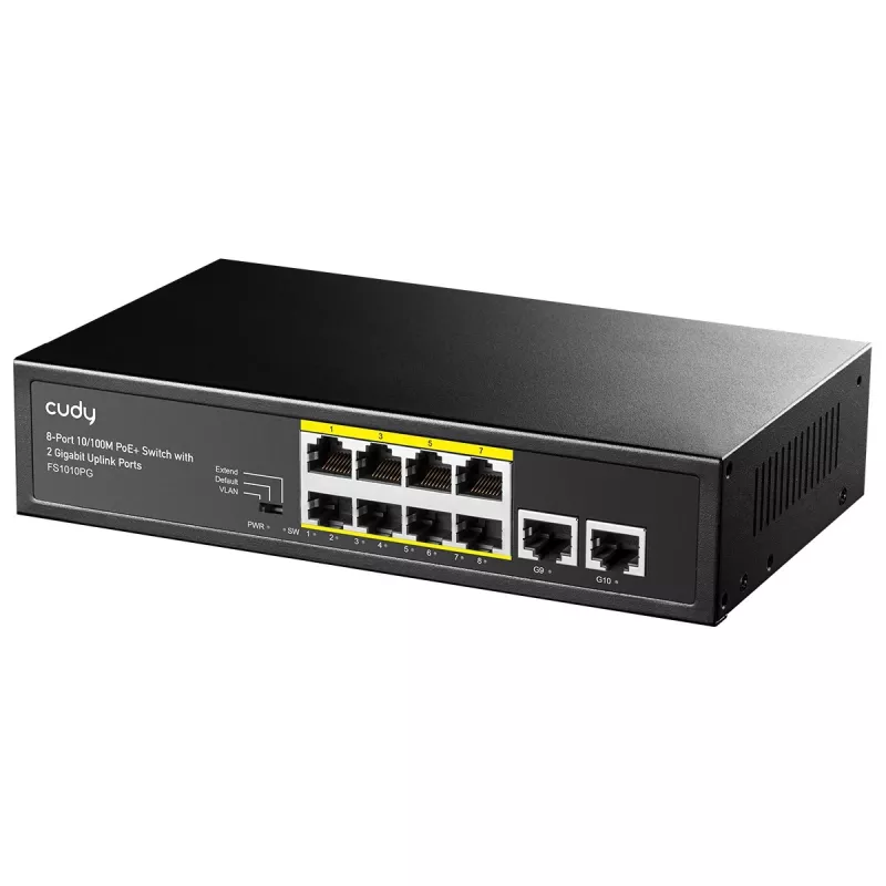 Switch di rete Cudy FS1010PG — 10/100 Mbps, 8 porte PoE, 2 uplink, budget PoE 120W, case in metallo