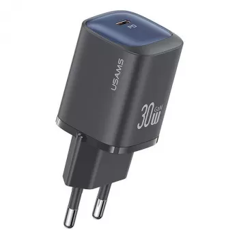 usams caricabatterie rapido USB-C GaN da 30 W USA001446 — caricabatterie da muro portatile USB-C PD da 30 W, nero