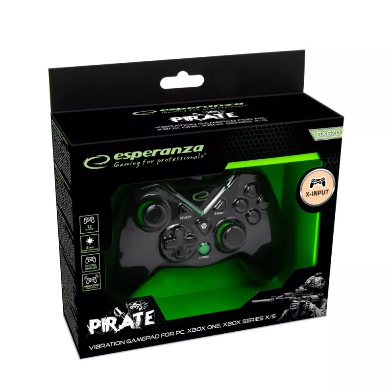 Esperanza EGG114K Pirate gamepad, USB 2.0, analogico/digitale, per PC, Xbox One, Xbox Series X/S, nero