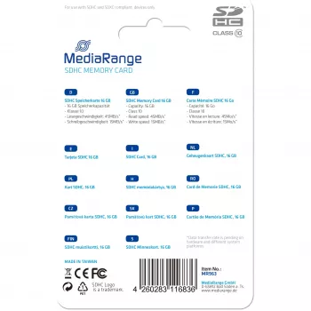 Scheda di memoria MediaRange 16GB SDHC Class 10 MR963
