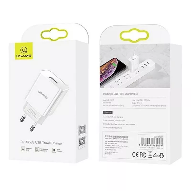Caricabatterie usams T18 singolo USB 2.1A solo testa