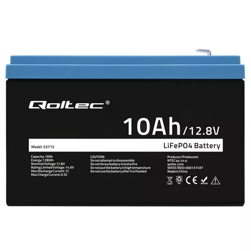 Batteria ricaricabile LiFePO4 QOLTEC 10Ah 12,8V 128Wh con BMS integrato