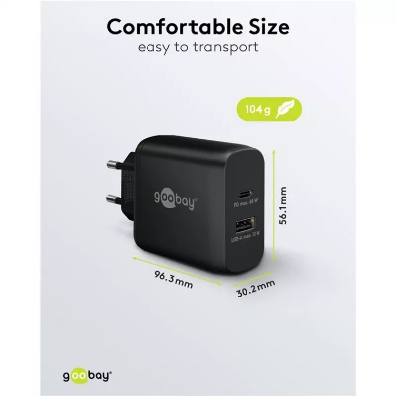 Caricabatterie dual-fast USB-C, PD, GaN, 65 Watt (nero, 1x USB-C, 1x USB-A, Power Delivery)