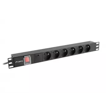 Unità di distribuzione di alimentazione LANBERG PDU-06E-0200-BK — 6 uscite Type-E, 16 A, cavo 2 m, rack 1HE, 220–250 V