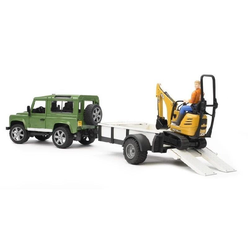 BRUDER Land Rover Defender con rimorchio CAT e uomo veicolo giocattolo