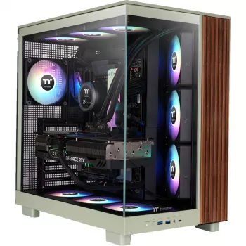 View 380 XL WS ARGB, case tower verde chiaro/legno, vetro temperato x 2, struttura in legno