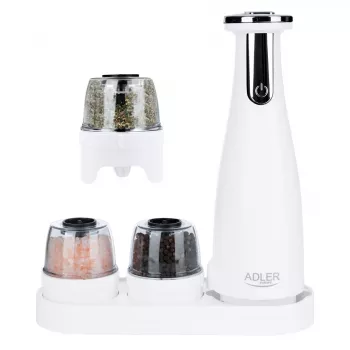 Set macina sale e pepe Adler AD 4449W acciaio bianco, macinino in ceramica, 150 ml, ricaricabile USB-C