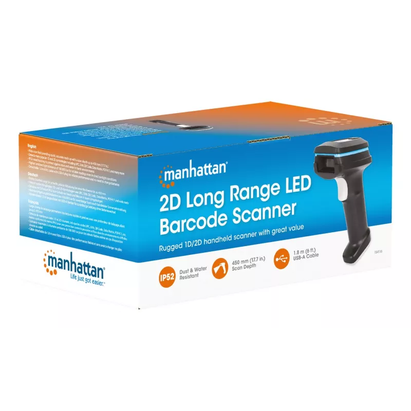 Manhattan 154116 lettore di codici a barre portatile 2D LED a lungo raggio, 450 mm, IP52