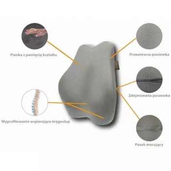 Cuscino lombare MDH DRQE3S0BBXUXP — memory foam ergonomico, 450×410×105 mm, densità 55 kg/m³, grigio, sacchetto per la conservazione incluso