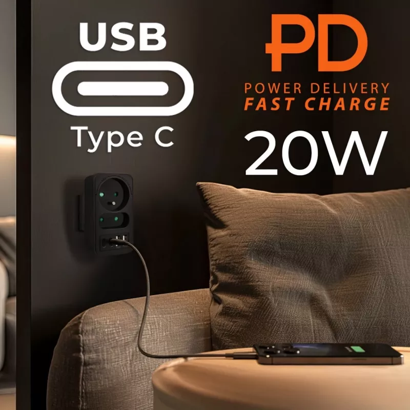 Power splitter MACLEAN MCE249 F/B – 2 prese AC (16A + 6A) con 2×USB-A e 2×USB-C PD 20W, spina EU, nero