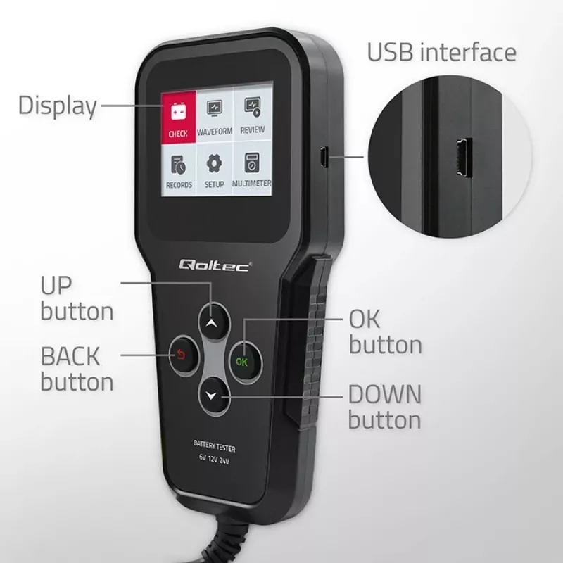 Qoltec 52489 analizzatore e tester digitale di batterie 3-in-1 con LCD e multilingua 6V | 12V | 24V | 30Ah-200Ah