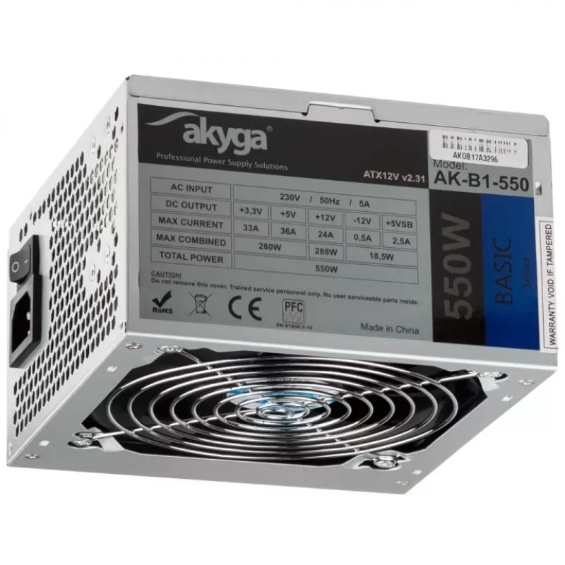 Alimentatore ATX Akyga Basic AK-B1-550 550 W, ventola 120 mm, PFC passivo, grigio