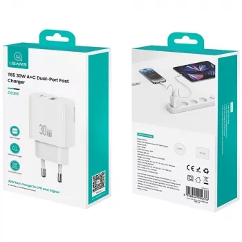 Caricabatterie usams USA001632 30W 1×USB-C 1×USB-A ricarica rapida