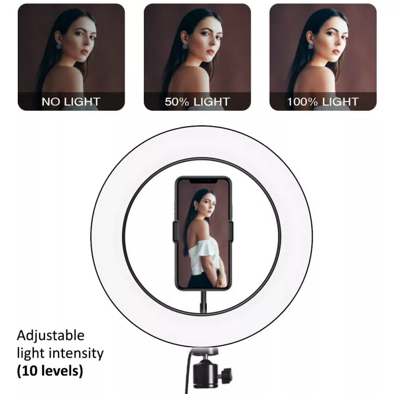 Maclean MCE610 10 Ring Light LED 12W con treppiede e trigger Bluetooth, 3 colori, 10 livelli di luminosità, luminosità regolabile 10% -100%, 160 LED, supporto smartphone, luce di illuminazione