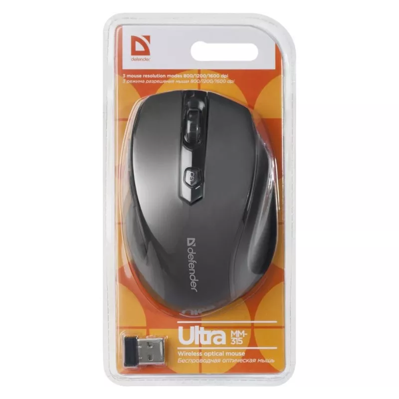 Mouse ottico RF wireless per destri DEFENDER ULTRA MM-315 — 1600 DPI, 6 tasti, ricevitore USB, nero