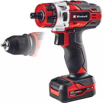 Einhell TE-CD 1. Design del prodotto: trapano a mano, tipo di mandrino: senza chiave. Numero di marce: 2, 20, velocità a vuoto (max): 1400 giri/min, Bohrdr