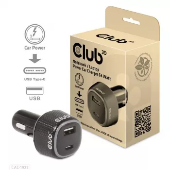 Caricabatterie da auto per notebook/laptop CLUB3D 63 Watt, auto, accendisigari, 24 V, nero