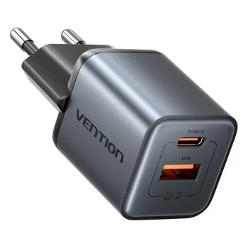 Caricabatterie GaN Vention FEWH0-EU 30W — 1× USB-C, 1× USB-A, 30 W, nero