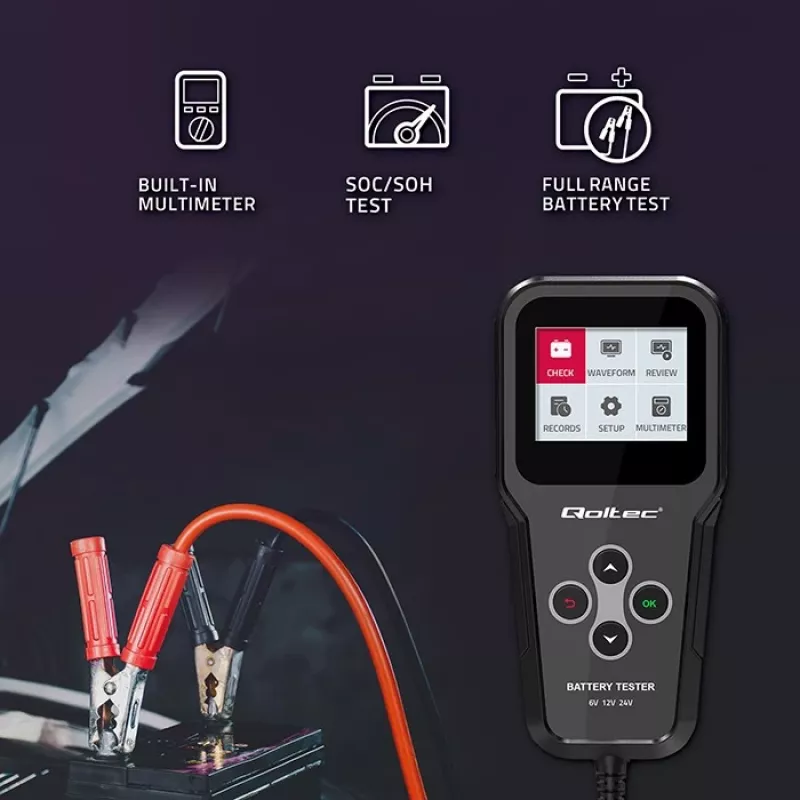 Qoltec 52489 analizzatore e tester digitale di batterie 3-in-1 con LCD e multilingua 6V | 12V | 24V | 30Ah-200Ah