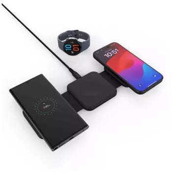 Caricabatterie pieghevole wireless FIXED FIXFLE-SA-BK 3-in-1 per Samsung — caricabatterie portatile compatto per telefono, auricolari, dispositivi indossabili
