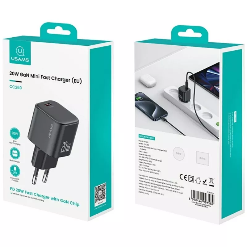 Caricabatterie usams USA001627 20W 1×USB‑C con cavo USB‑C — adattatore a ricarica rapida per telefoni e tablet