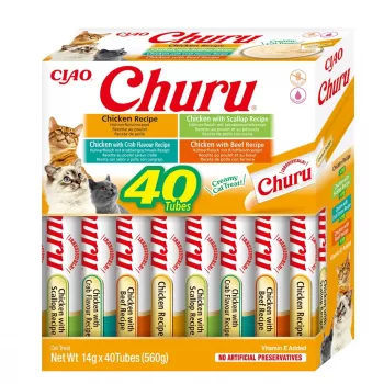 Snack per gatti INABA Churu Variety Box — snack di pasta di pollo, 40 × 14 g, senza cereali, senza glutine e soia
