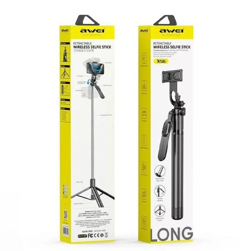 Selfie stick Awei X56 alluminio nero – manico estensibile per smartphone
