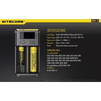 Caricabatterie Nitecore NEW i2 - caricabatterie a 2 vani per LiFePO4, Li-Ion, NiMH; ingresso 100-240V; uscita 9-12V; supporta AAAA/C/D/AAA/AA; nero